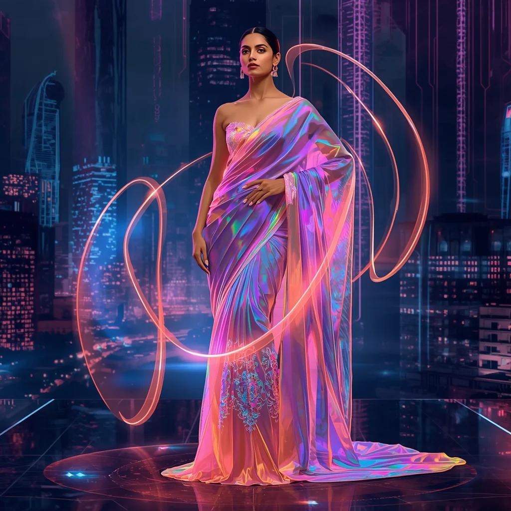 Ultra Premium Quantum Neon Ribbon Saree With Cyber Gravity City Background | saree reel ai prompt - New 10 Traditional Young Girl Saree AI Prompts for Cultural Dance Practice AI Prompt