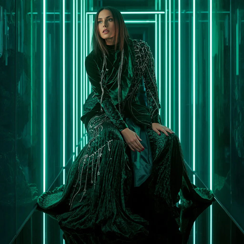 Velvet Cobra Mirage Saree with Neon Scale Corridor | saree profile pic ai prompt - Classic Khadi Saree AI Image Prompts for Authentic Simplicity AI Prompt