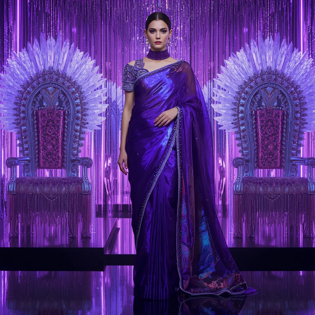 Violet Eclipse Mirage Saree with Neon Infinity Crystal Thrones | best ai prompts free - Classic Khadi Saree AI Image Prompts for Authentic Simplicity AI Prompt