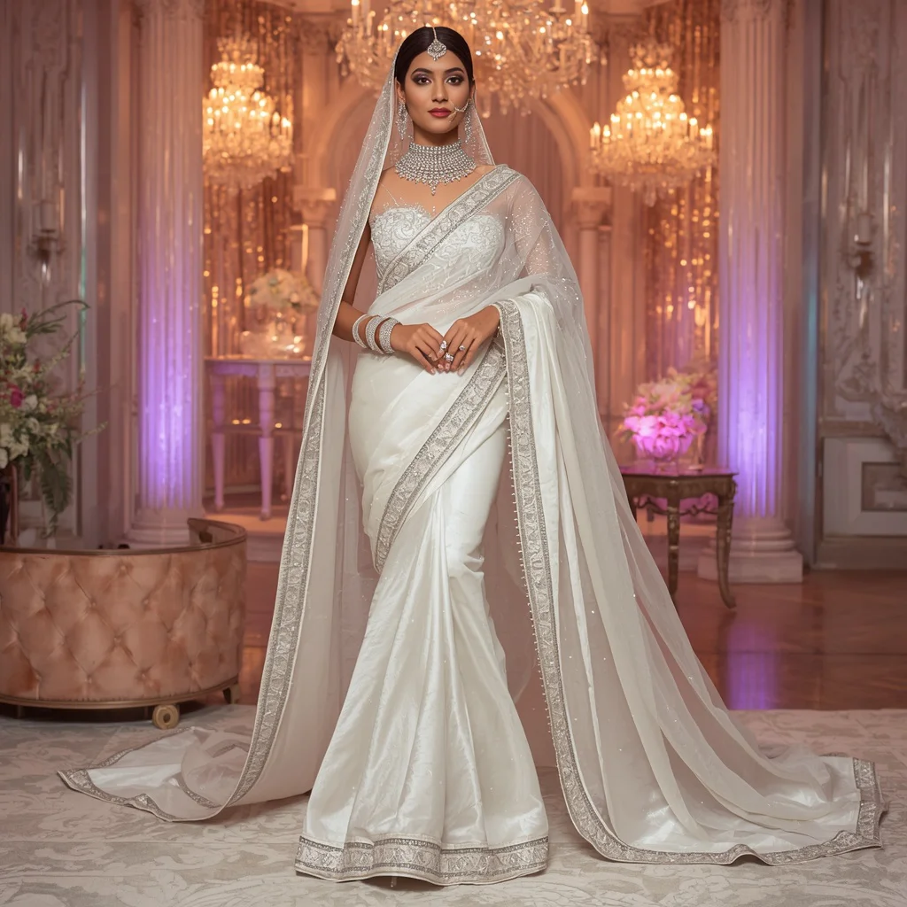 White Aurora Diamond Bridal Saree – Heavy Bridal Saree with Soft Pose and Aurora Crystal Wedding Palace Background | retro style prompt for Gemini girl in saree - New 10 Playful Young Girl Saree AI Prompts for Story Time Sessions AI Prompt