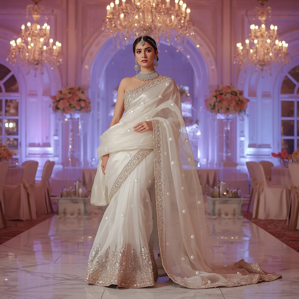White Aurora Moon Bridal Saree – Heavy Bridal Saree with Soft Pose and Aurora Crystal Wedding Palace Background | cute prompt for girls in saree aesthetic - Ethereal Pastel Handloom Saree AI Prompts for Serene Retreats AI Prompt