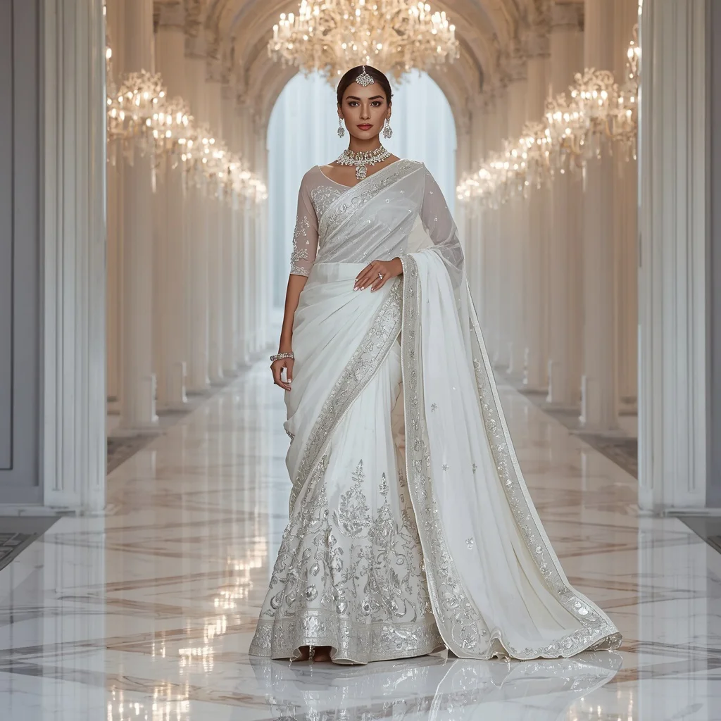 White Galaxy Ice Saree – Heavy Bridal Couture Saree with Elegant Walk Pose and White Crystal Dome Background | prompt seen girl lehenga - Traditional Sambalpuri Ikkat Saree AI Prompts for Odisha Festivals AI Prompt
