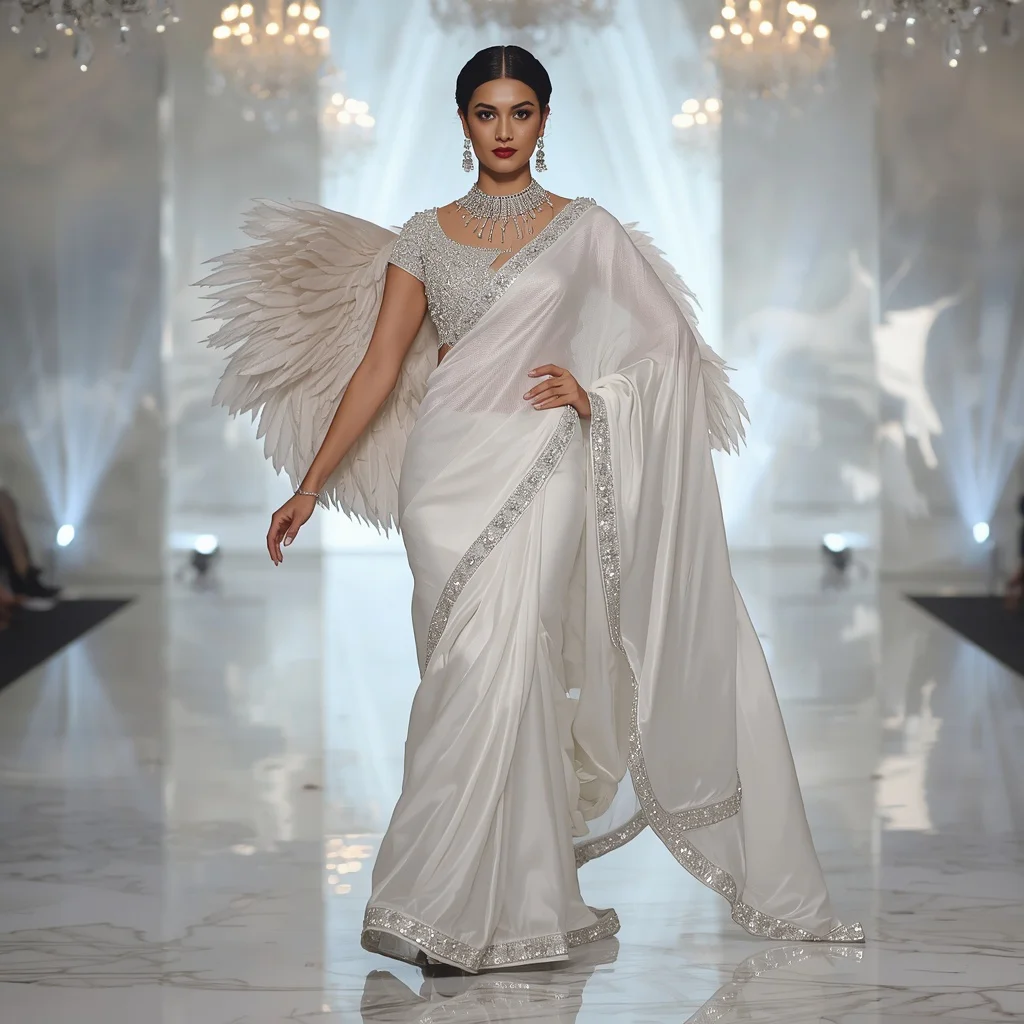White Ice Aurora Saree – Elegant Couture Saree with Walk Pose and White Aurora Heaven Background | retro style prompt for gemini girl in saree instagram - New 10 Playful Young Girl Saree AI Prompts for Story Time Sessions AI Prompt