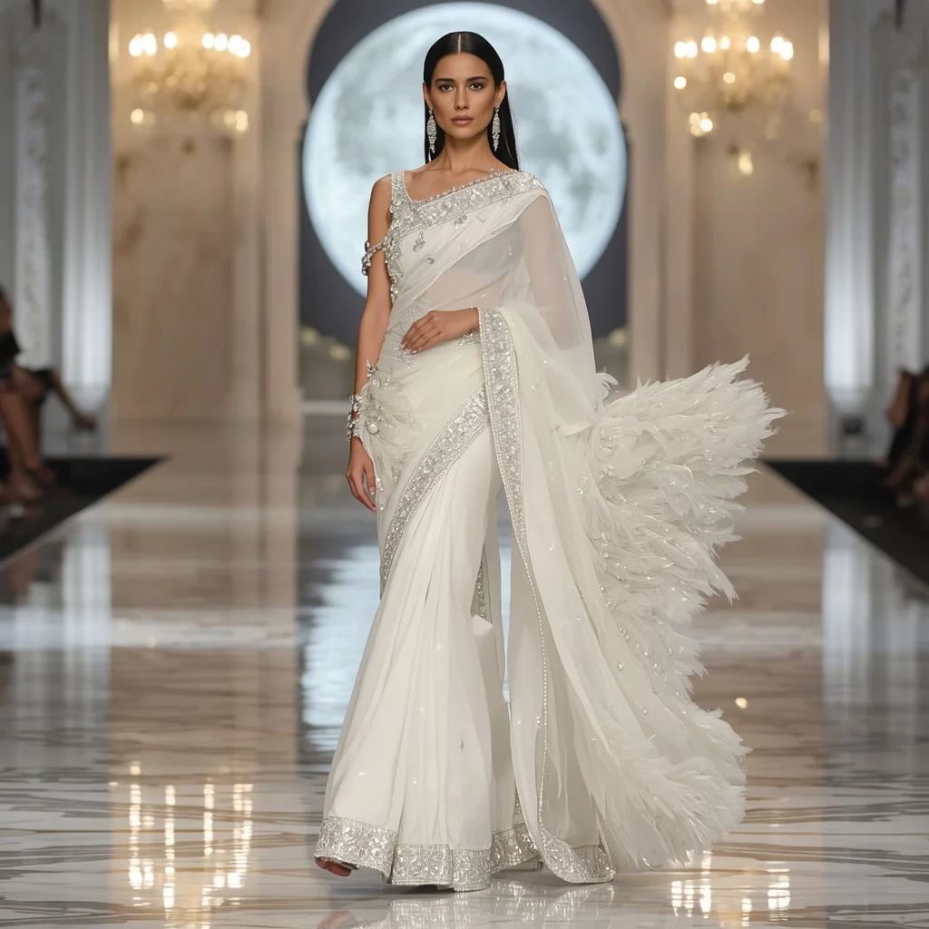 White Moon Diamond Saree – Elegant Couture Saree with Walk Pose and White Moon Palace Background | grok prompt - Ethereal Pastel Handloom Saree AI Prompts for Serene Retreats AI Prompt